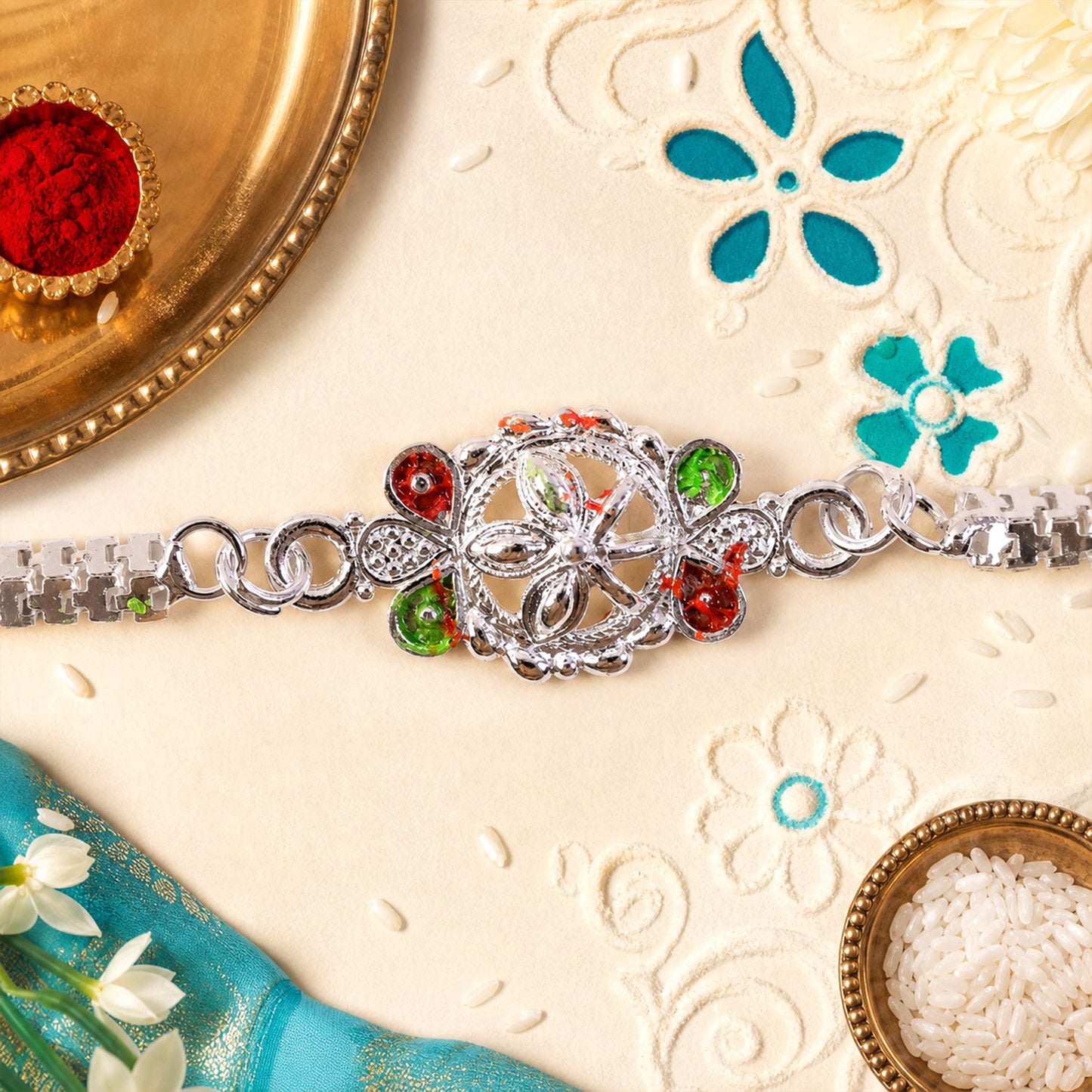 Silver Chain Rakhi for Brothers Floral Enamel Design (10pcs)