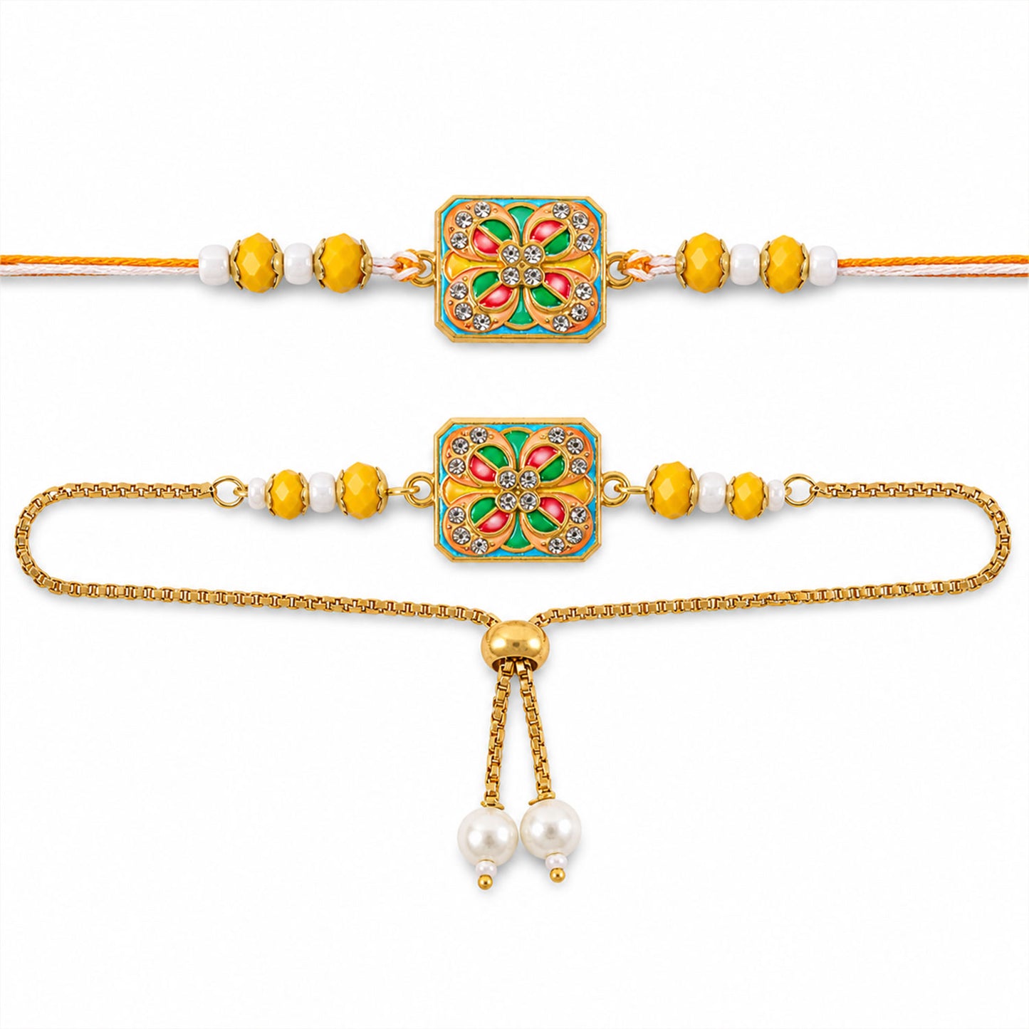 Square Meenakari Floral Studded Crystal Pearl Beads Bhai Bhabhi Rakhi Lumba Set