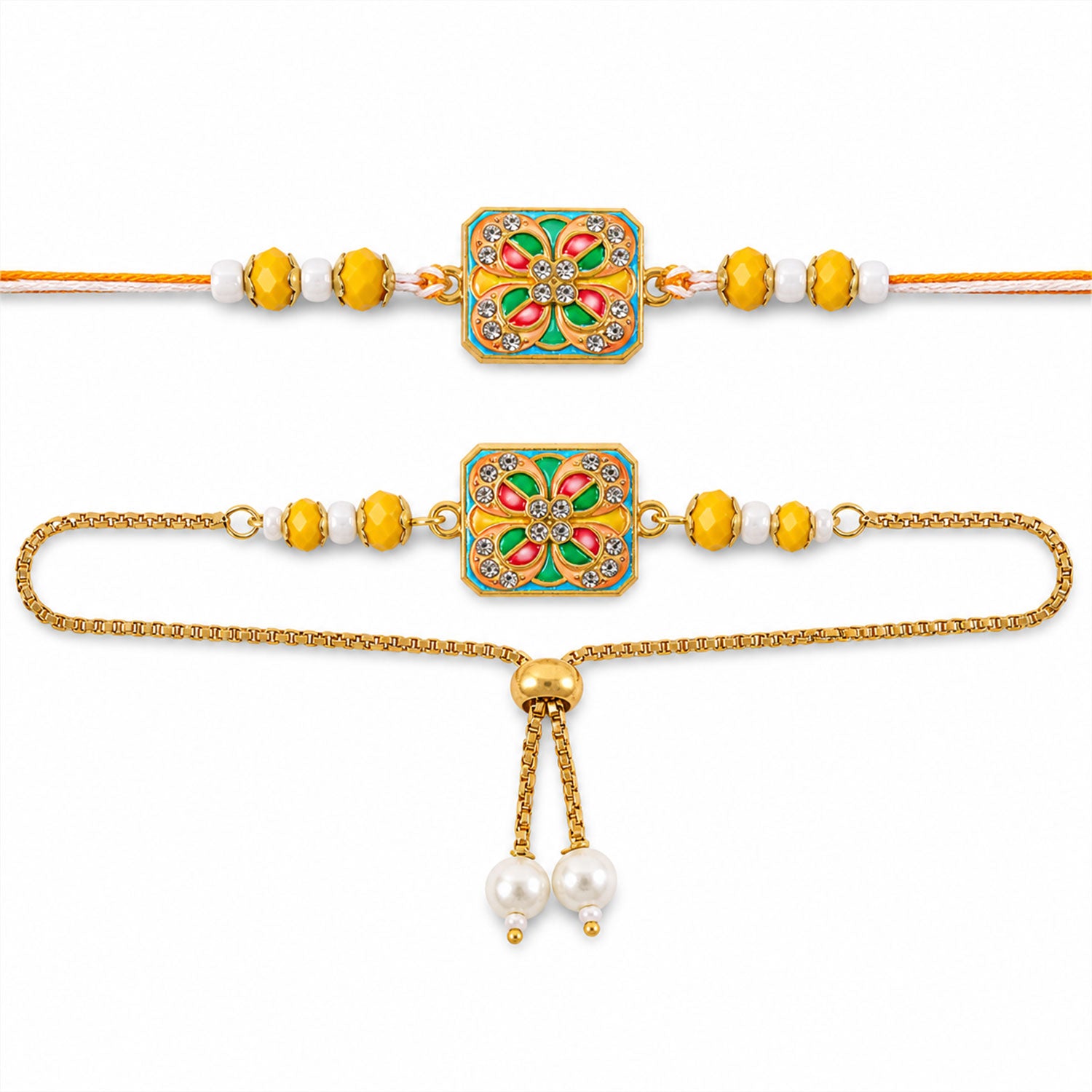 Square Meenakari Floral Studded Crystal Pearl Beads Bhai Bhabhi Rakhi Lumba Set