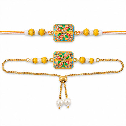 Square Meenakari Floral Studded Crystal Pearl Beads Bhai Bhabhi Rakhi Lumba Set