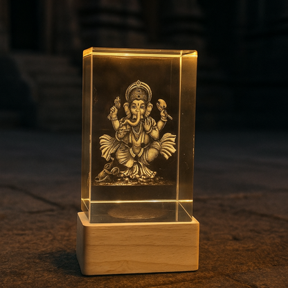 Premium 3D Acrylic LED Lord Ganesha Lamp with Wooden Base | Divine Ganpati Night Light for Home Temple, Office & Spiritual Decor | Engraved Crystal Glass Cube Light for Gifting & Festive Decoration