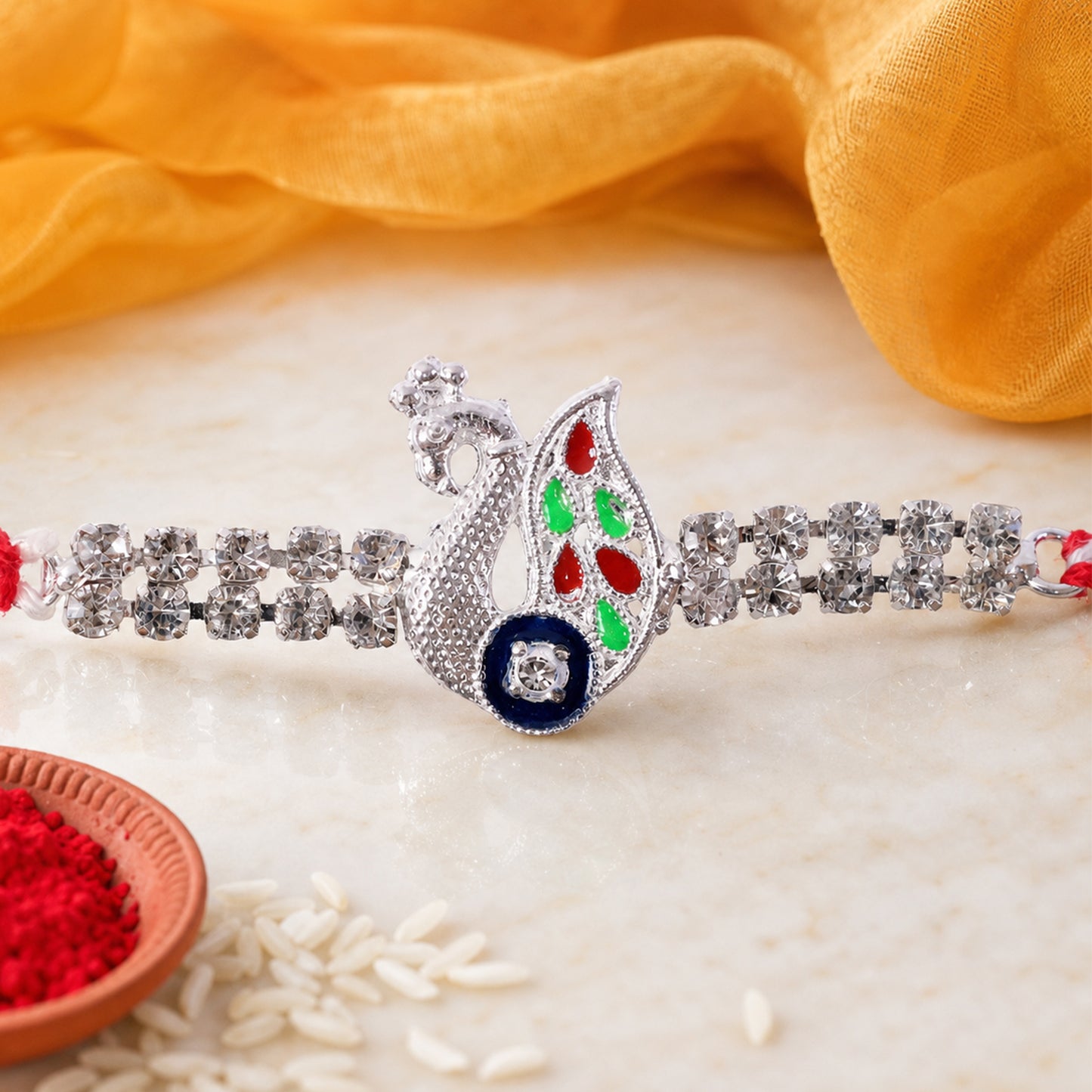Silver-Toned Peacock Rakhi with Multicolor Enamel, Double Crystal Chain & Red Thread