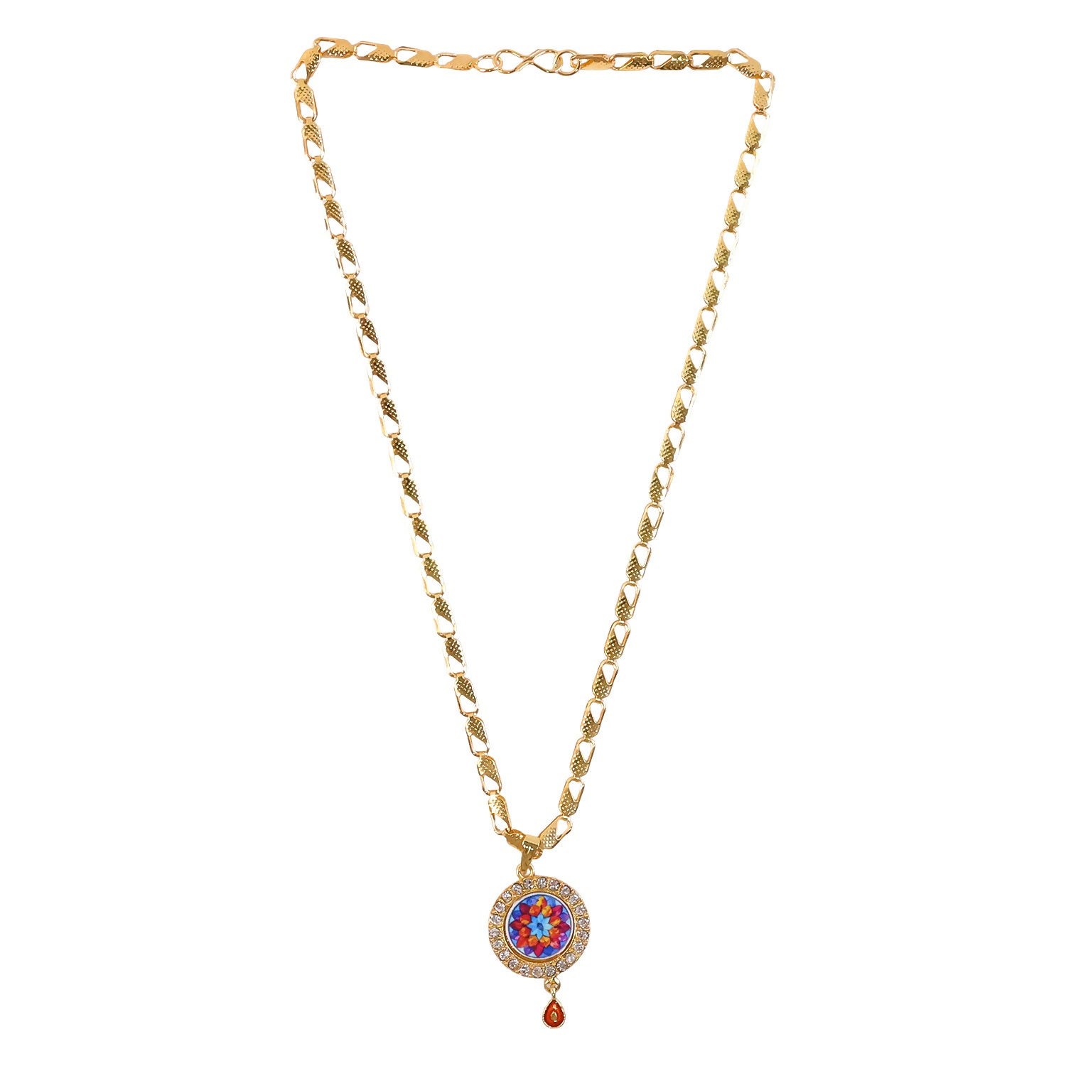 Elegant Multicolor Floral Gold Pendant Necklace with Stone Border