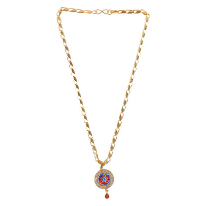 Elegant Multicolor Floral Gold Pendant Necklace with Stone Border