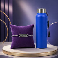 Personalized Name Engraved Silver Rakhi & Blue Steel Water Bottle Combo Gift for Bhai