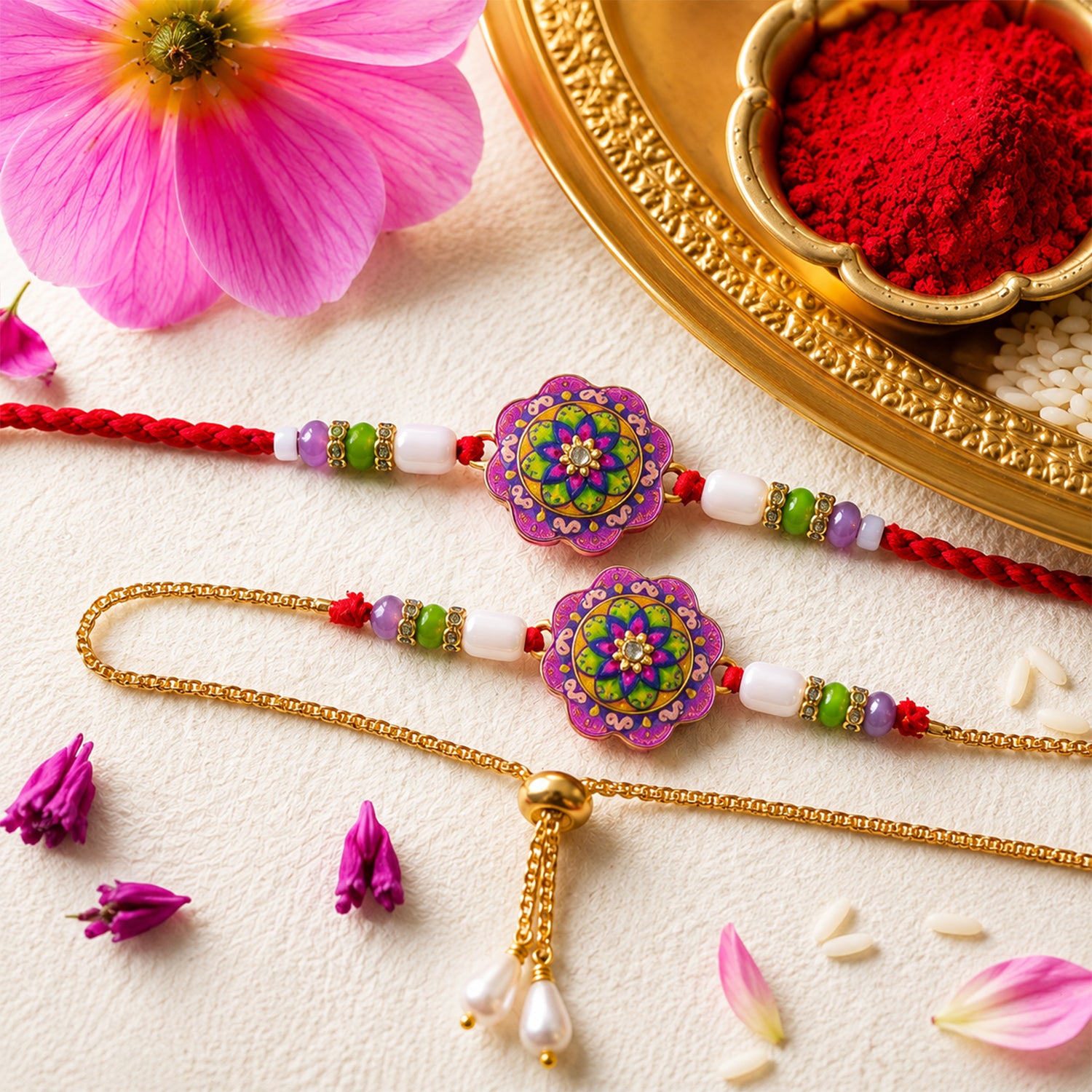 Floral Meenakari Bhai Bhabhi Lumba Rakhi with Pearl Hanging Pair