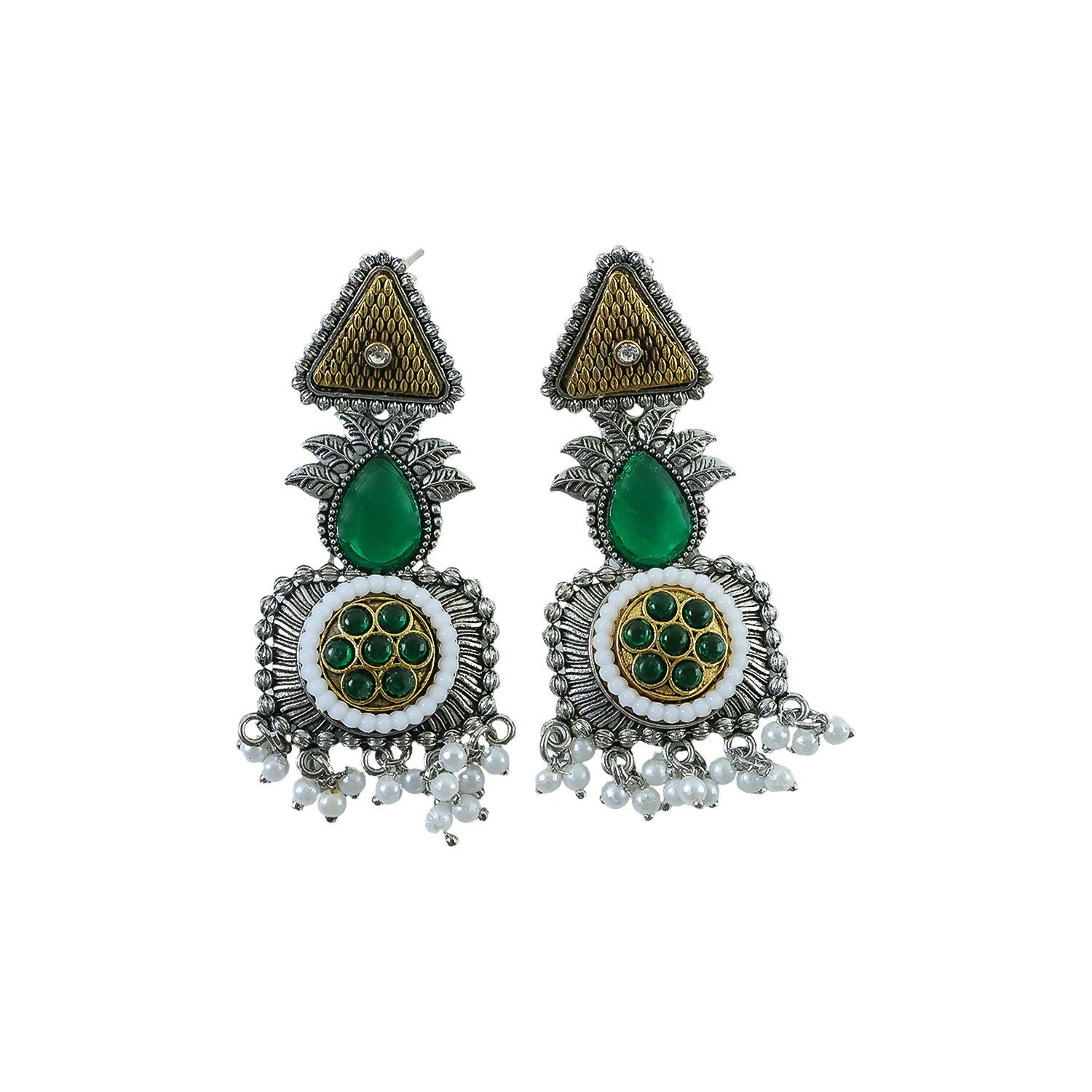 Elegant Oxidized Silver Earrings with Green Stone & Pearl Drop Fringe