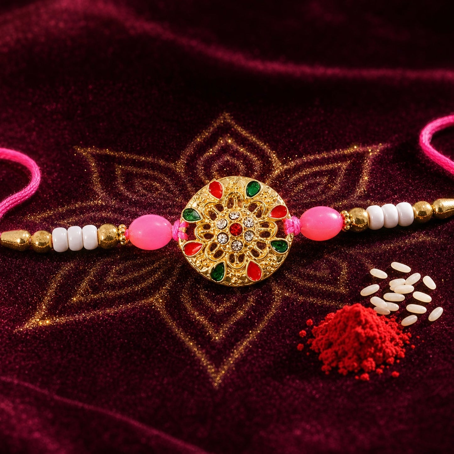 Round Floral Kundan Rakhi with Beads for Raksha Bandhan Special (5pcs)