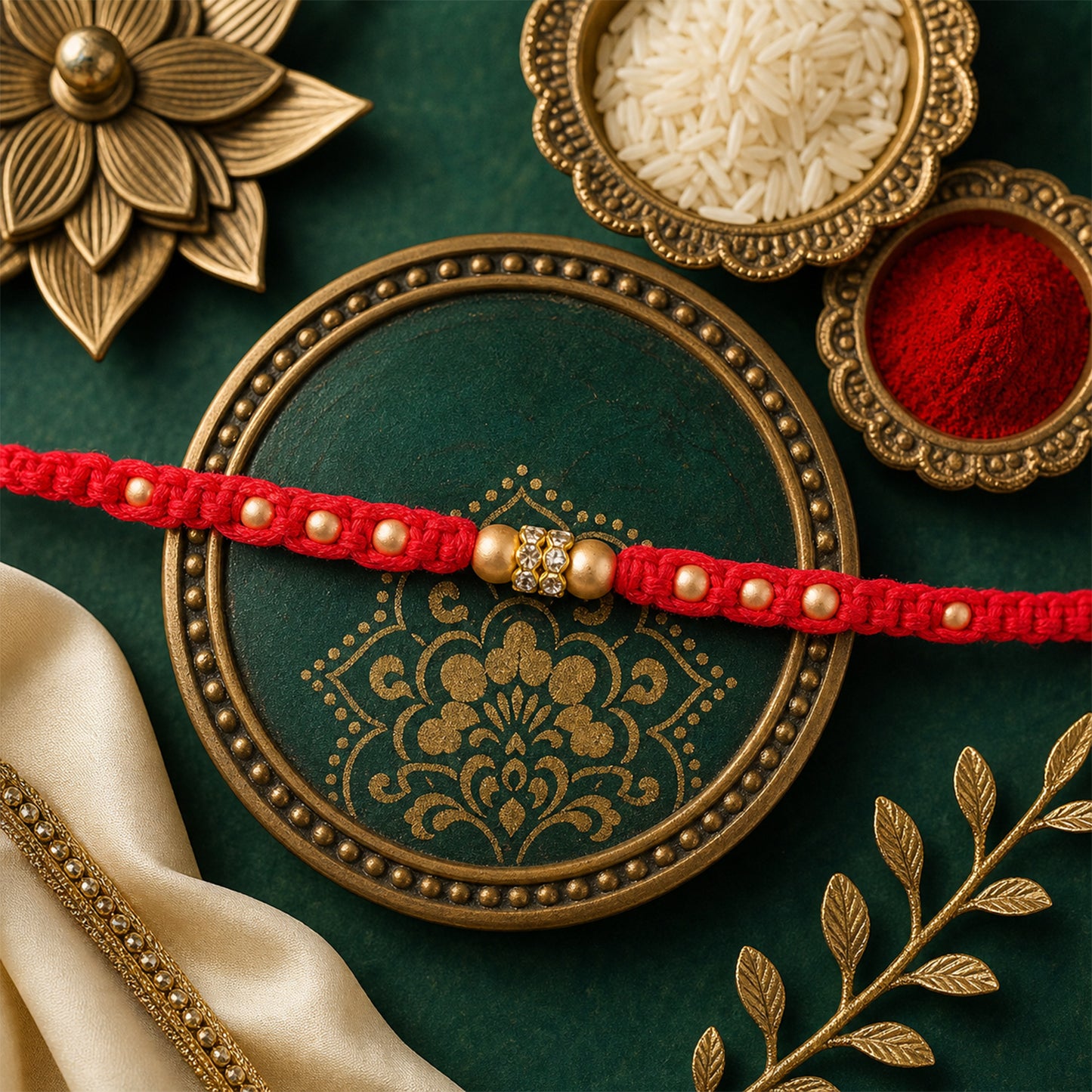 Red Thread Rakhi with Smooth Golden Beads and Sparkling Rhinestone Spacer