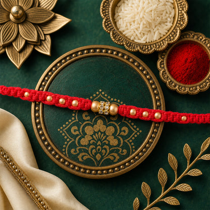 Red Thread Rakhi with Smooth Golden Beads and Sparkling Rhinestone Spacer