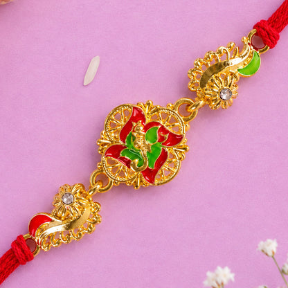 Ornate Rakhi featuring Floral Medallion, multicolor stones and gift style for Gift
