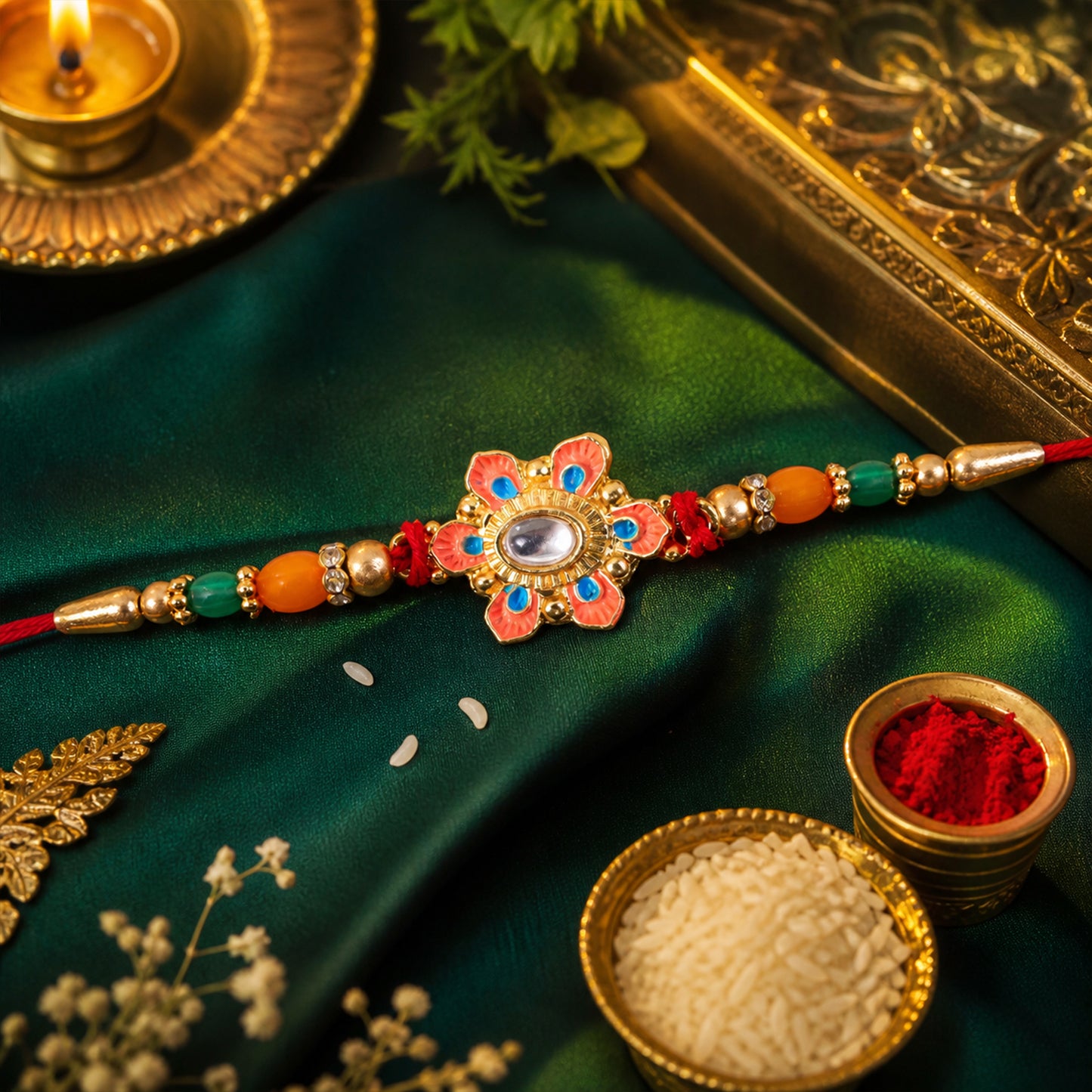 Orange and Teal Floral Kundan Pendant Rakhi with Pastel Beads
