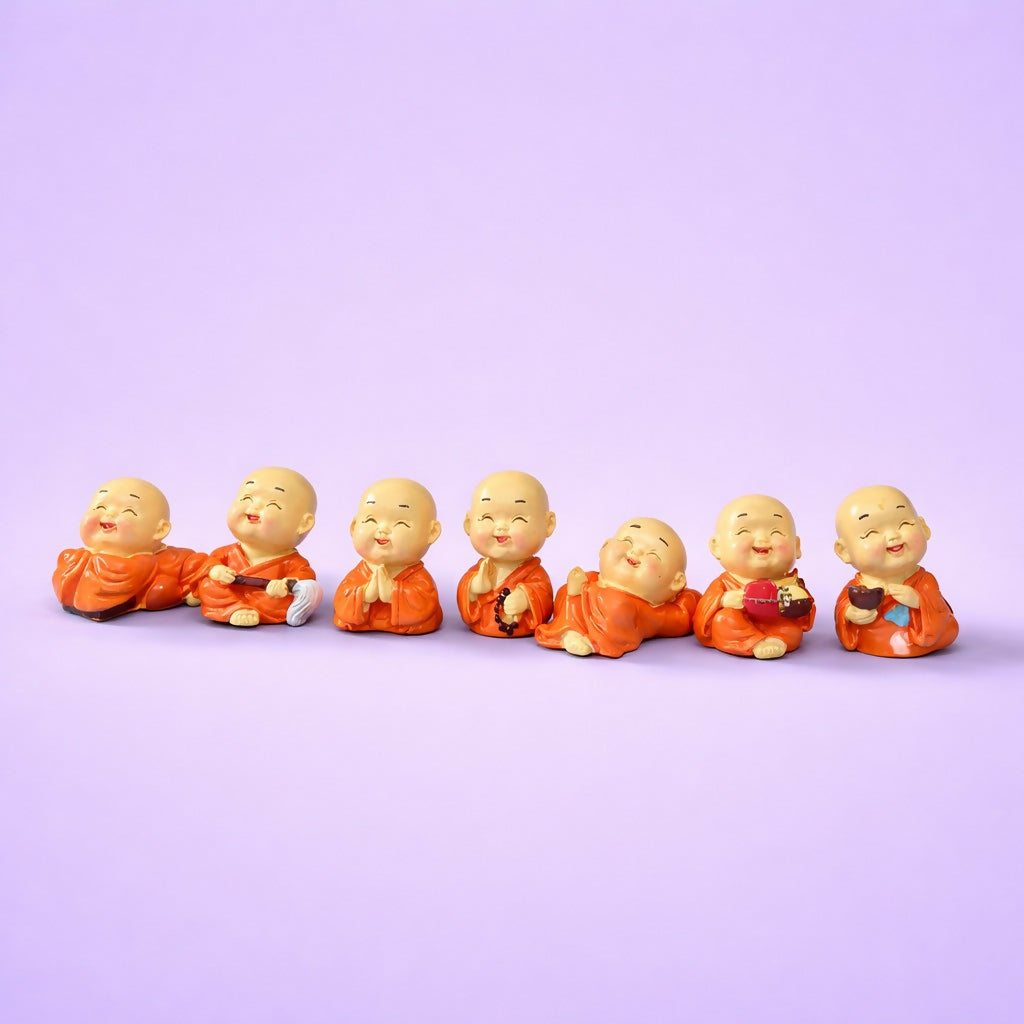 Mini Laughing Monk Figurines Set Of 8 for Home Decor, Office Desk & Gifting