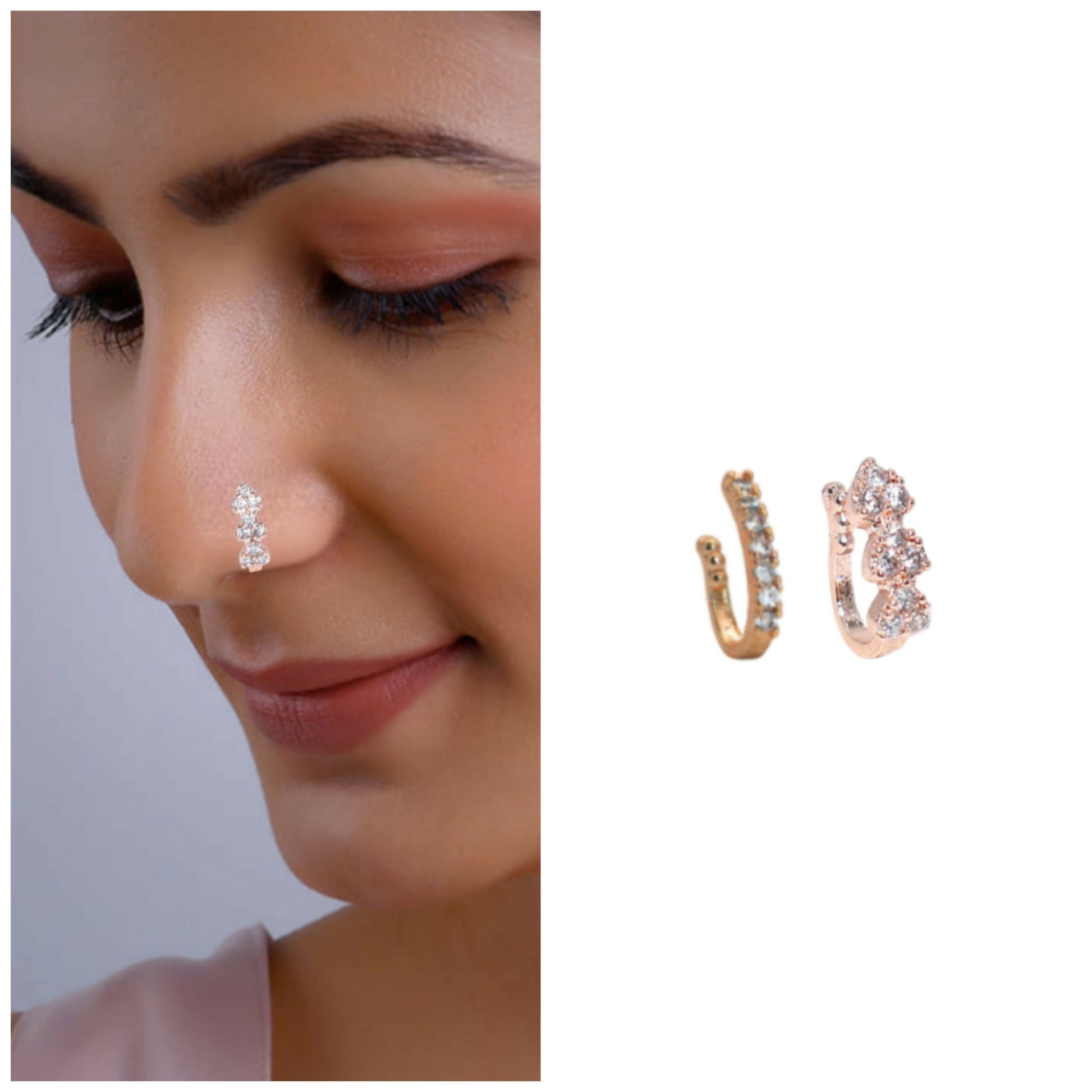 Triple Cluster CZ No Piercing Nose Ring Nath - Gold/Rose Gold Combo Pack of 2