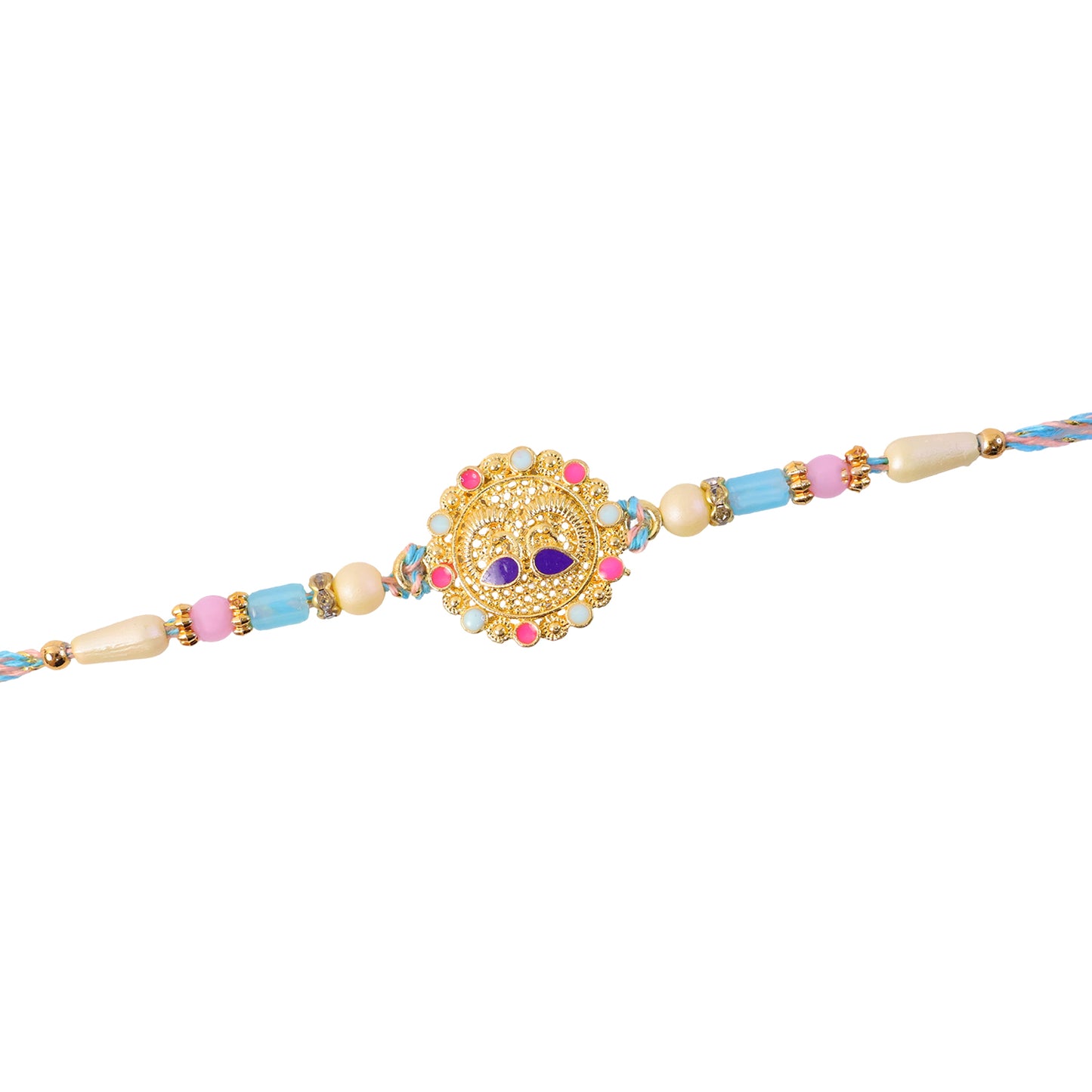 Gold Sunburst Kundan Pendant Rakhi with Pastel Beads