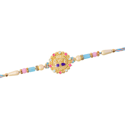 Gold Sunburst Kundan Pendant Rakhi with Pastel Beads
