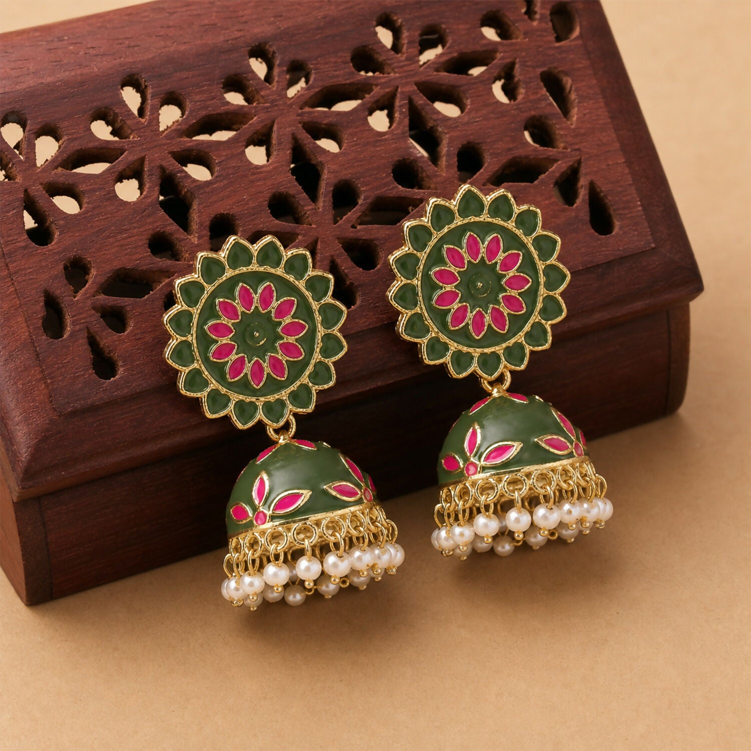 Pearl drop detail on mahnedi floral jhumka earrings