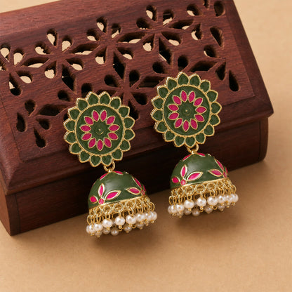 Pearl drop detail on mahnedi floral jhumka earrings