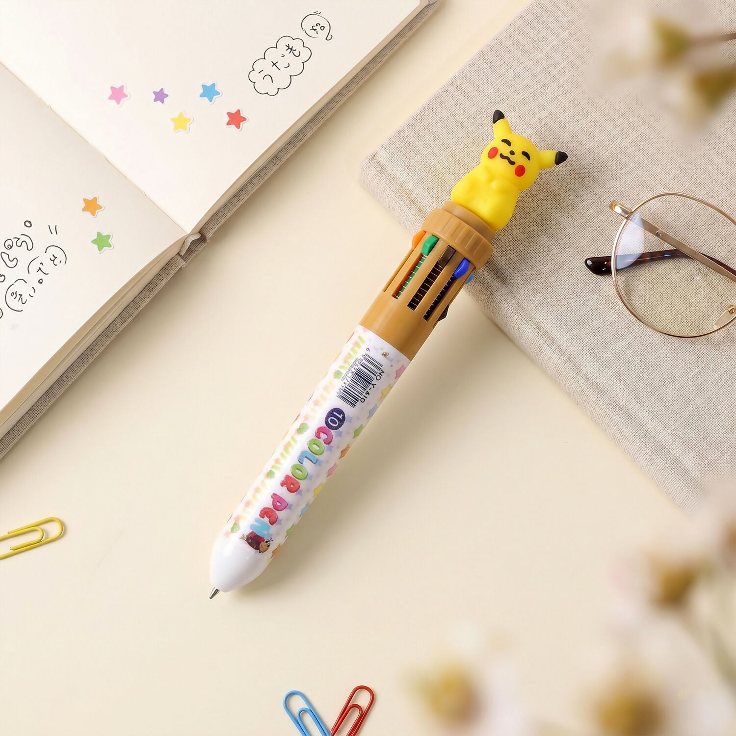10-color cartoon multi-ink ball pen showing colorful ink tips