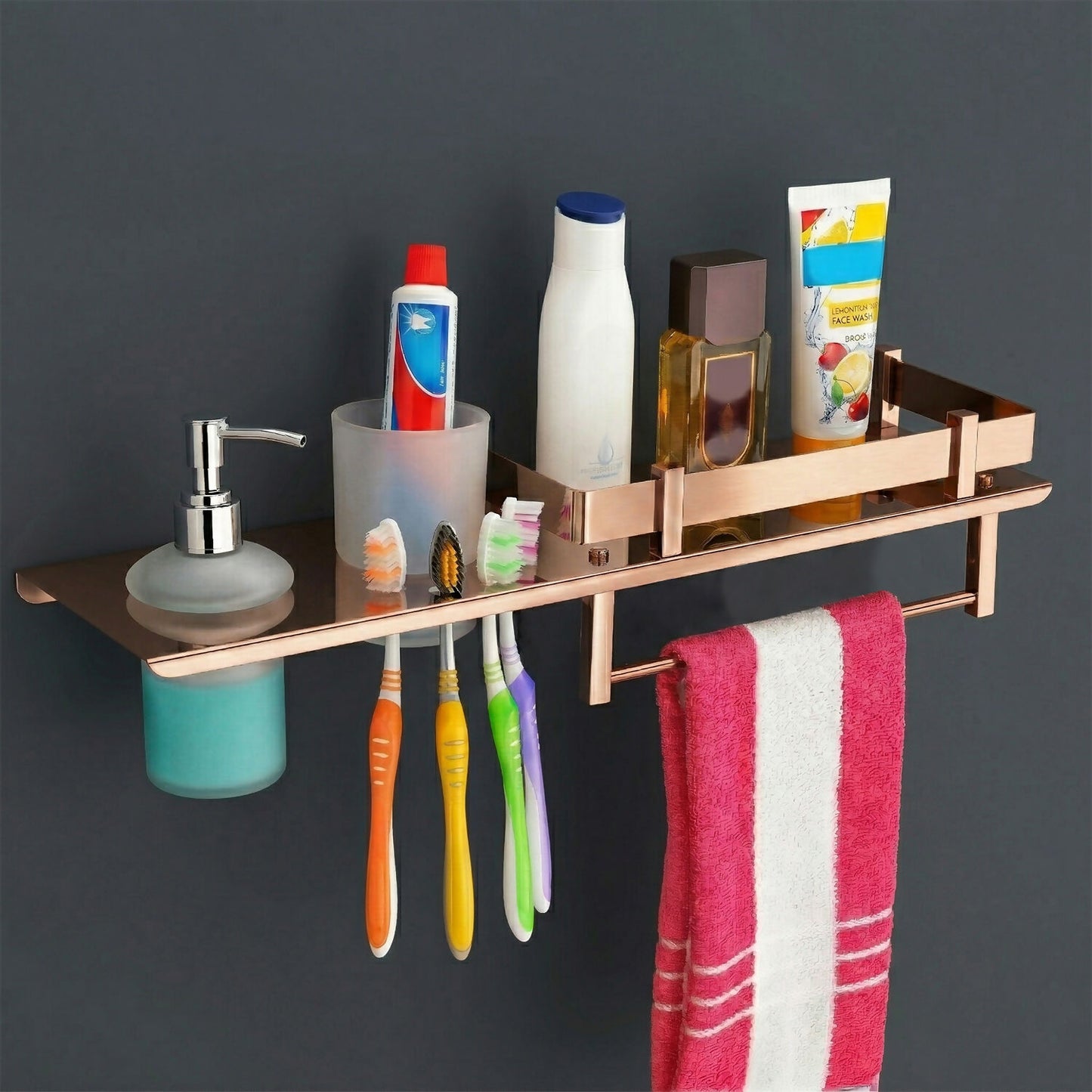 Stainless Steel Wall Mounted Bathroom Shelf with Soap Dispenser, Toothbrush Holder & Towel Rack