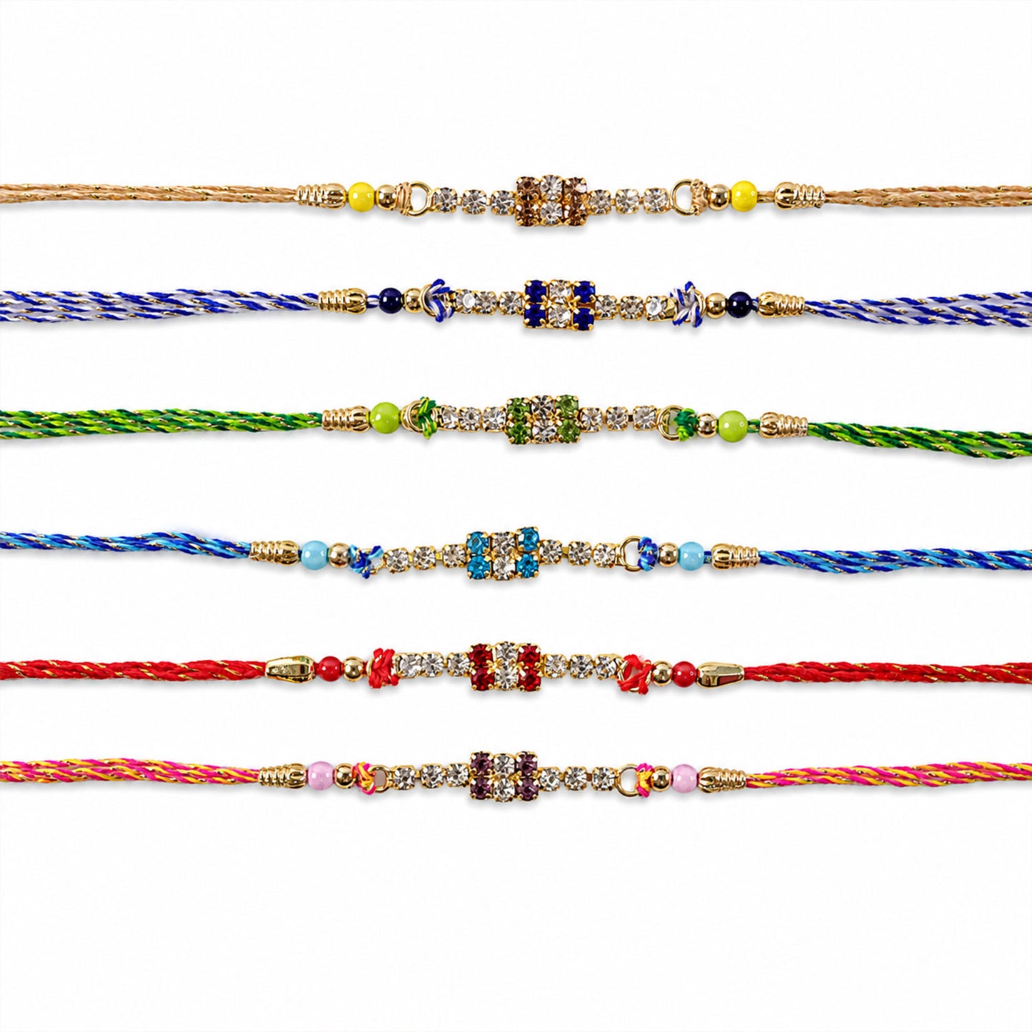 Square Stone Block Rakhi in Mix Colour Silk Threads (Pack of 6)