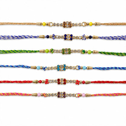 Square Stone Block Rakhi in Mix Colour Silk Threads (Pack of 6)