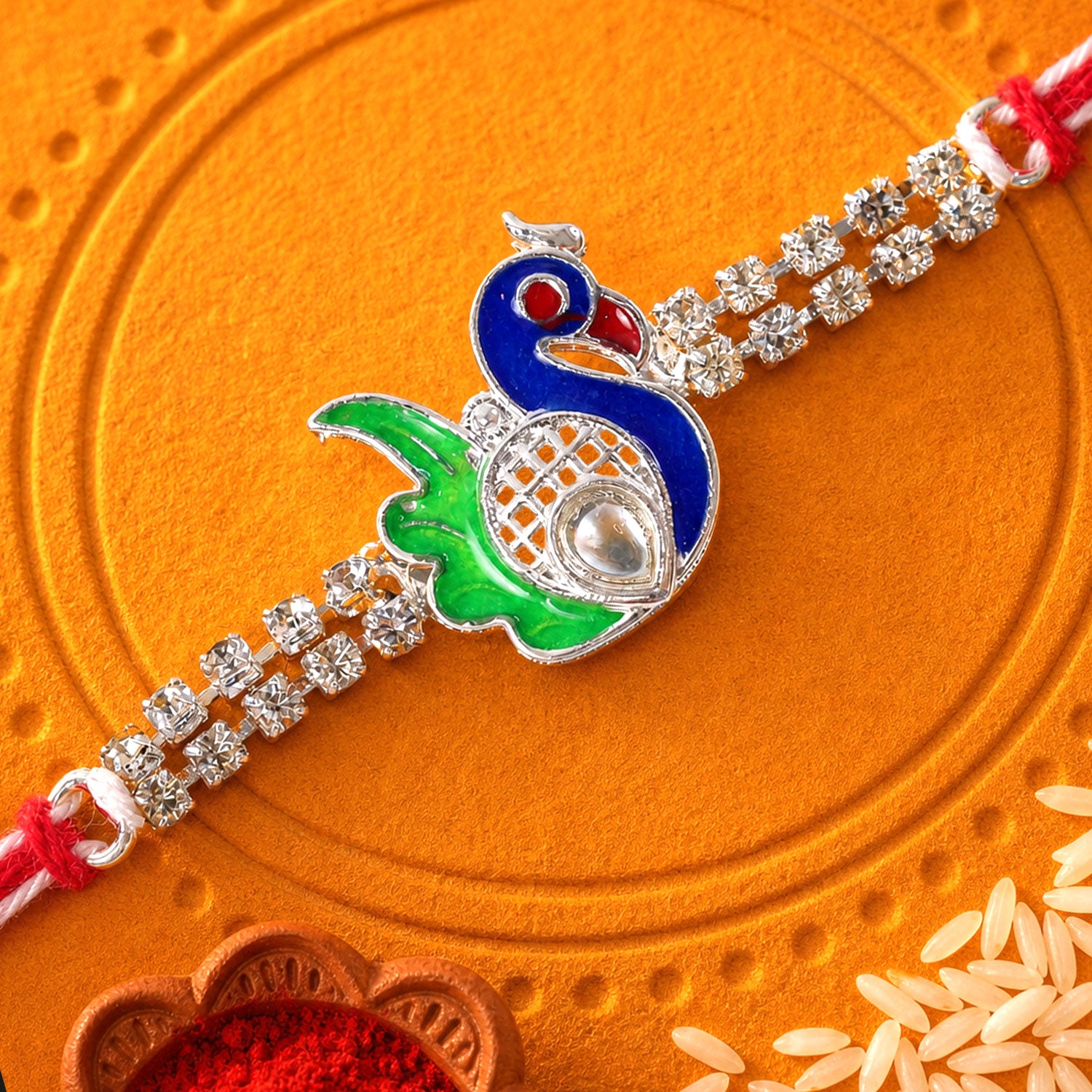 Classic Rakhi featuring Peacock Charm, crystal sparkle and display look for Gift Use