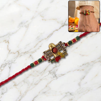 Traditional Shivling Rudraksha Rakhi with Red & Green Beads
