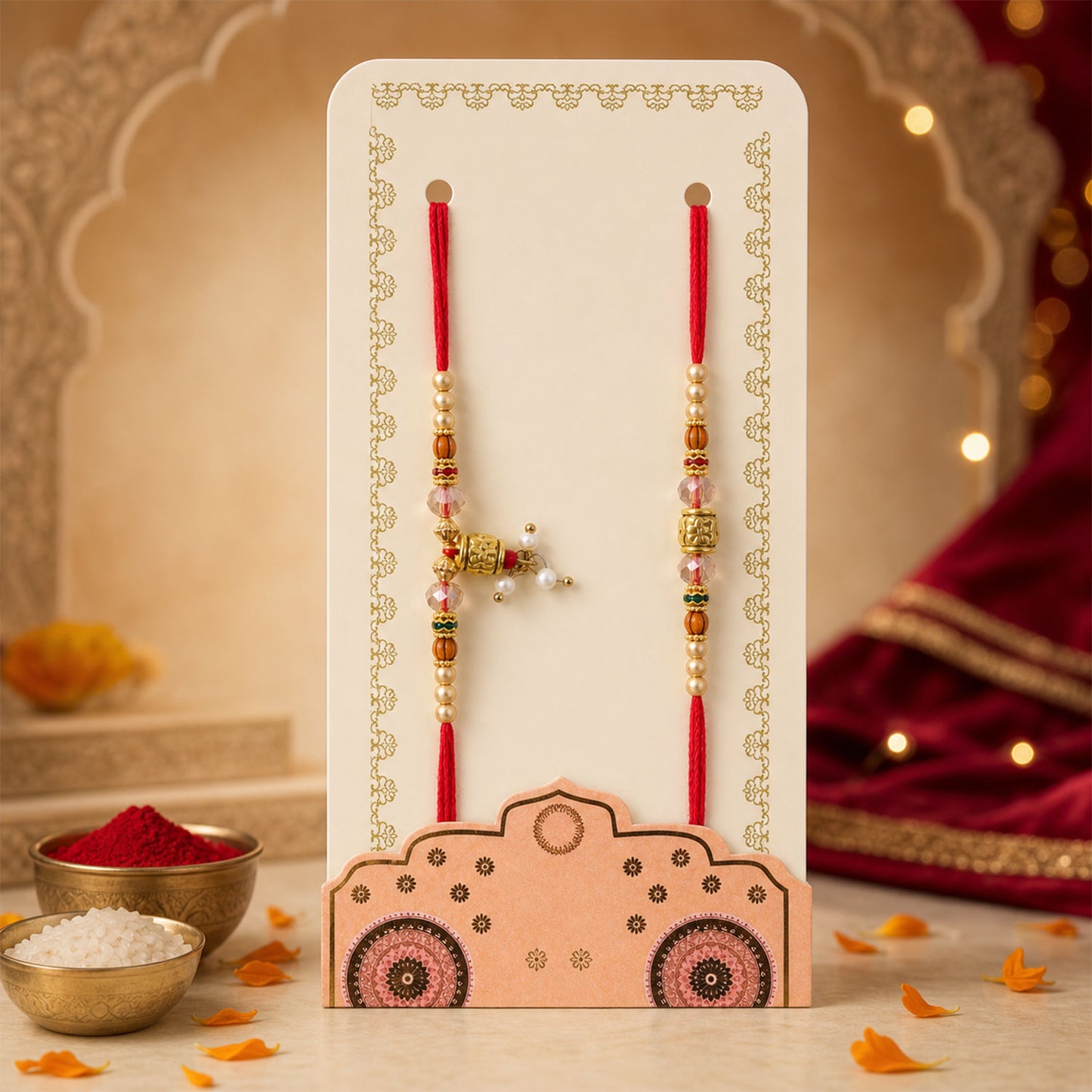 Couple Rakhi with Crystal Beads, Gold Cube Charm and Pearl Drop