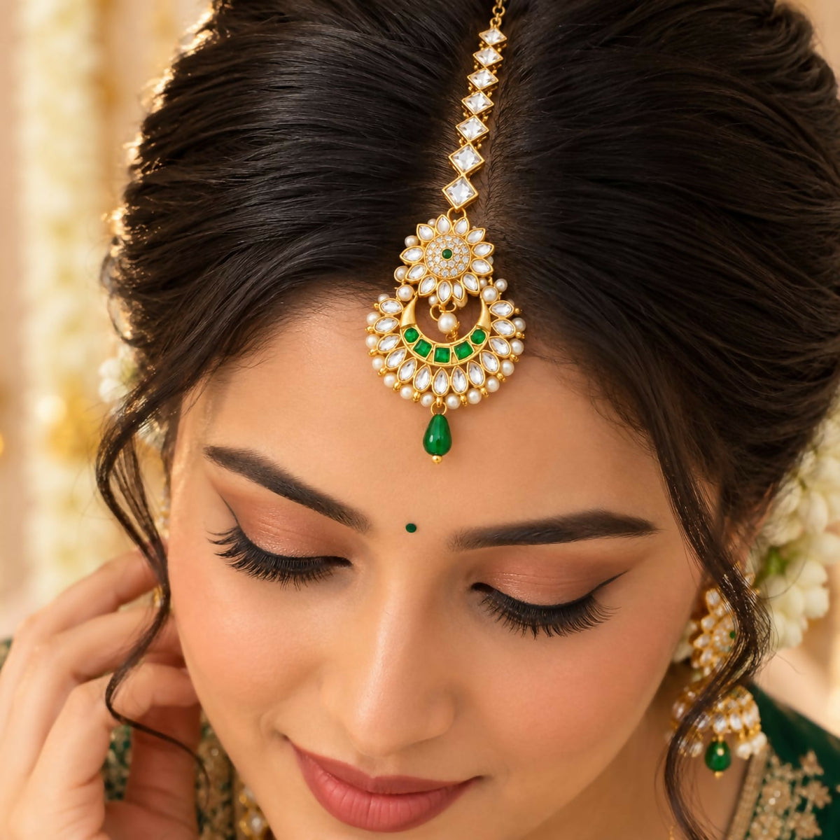 A woman models a gold-tone maang tikka with clear stones, green gems, and small white pearls on her forehead.