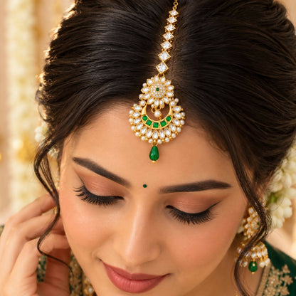 A woman models a gold-tone maang tikka with clear stones, green gems, and small white pearls on her forehead.