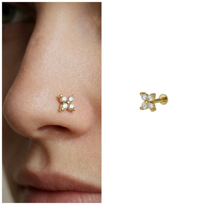 Gold plated AD flower flat back nosepin stud showing sparkling stones and floral design