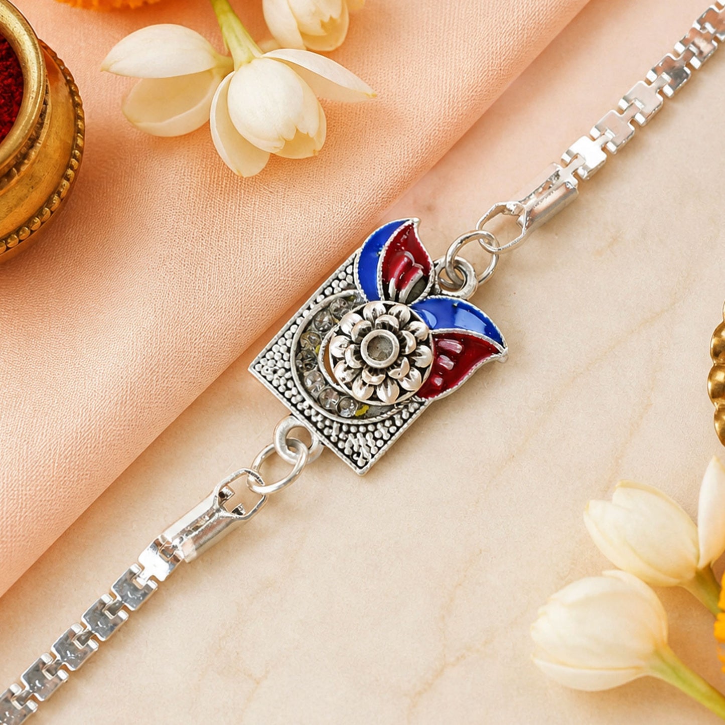 Square Carved Flower Dual Leaf Enamel Silver Chain Designer Rakhi