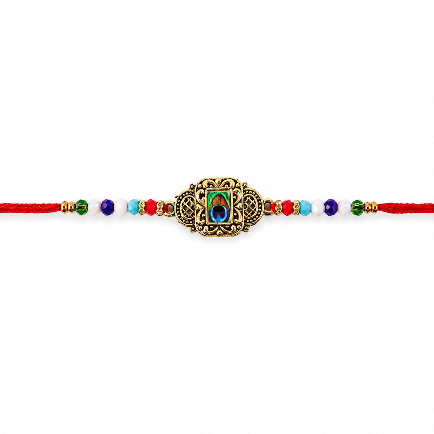 Antique Gold Blue Peacock Stone Designer Rakhi with Multicolor Beads, Roli Chawal Coin and Diya Packing
