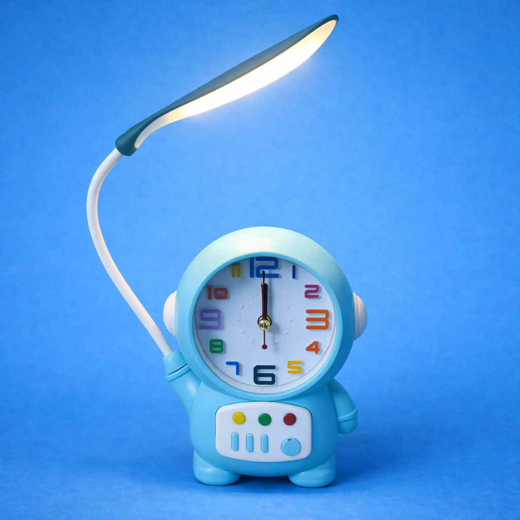 Astronaut Desk Lamp with Alarm Clock, USB Powered Study Light for Kids (BLUE)