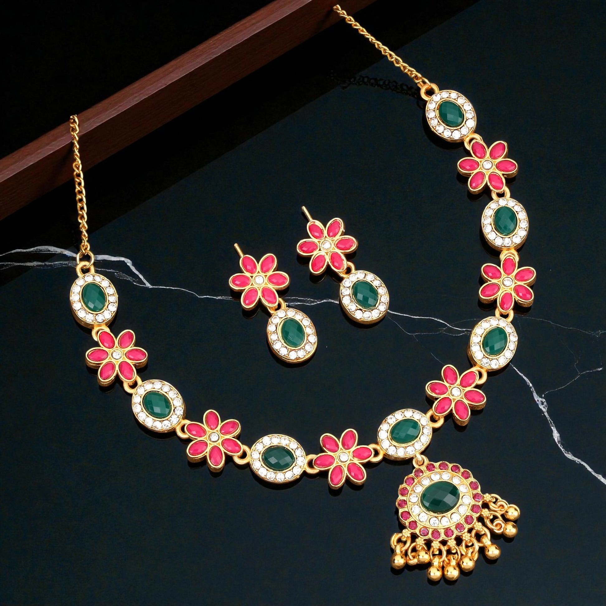 Traditional Gold-Toned Green-Pink Enamel Lotus Choker Set