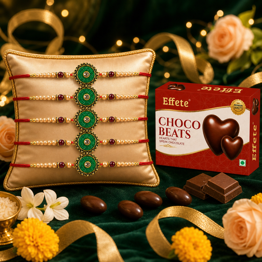 Green Stone Rakhi Set with Choco Beats, Pack of 5