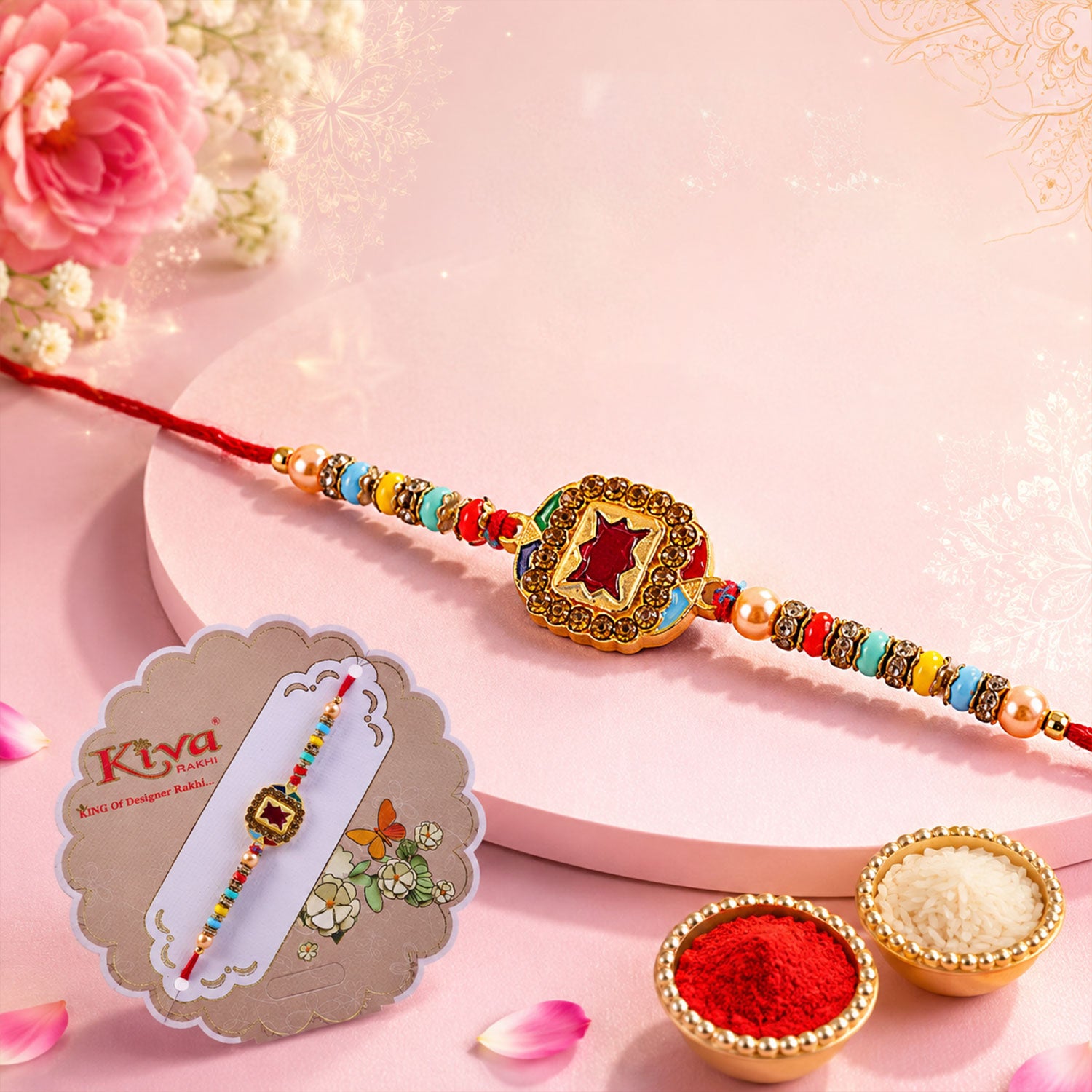 Maroon Stone Gold Kundan Border Designer Rakhi for Brother with Beads