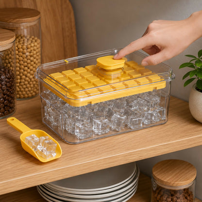 Top view of yellow ice cube tray and storage box