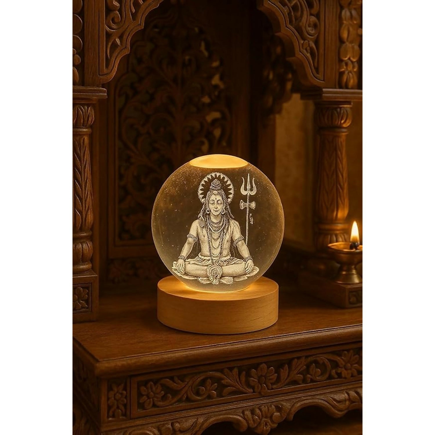 Lord Shiva 3D Crystal Ball Night Lamp with Wooden LED Base for Home Decor