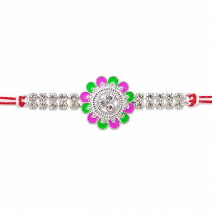 Designer Rakhi featuring Floral Medallion, gold trims and display look for Gift Use