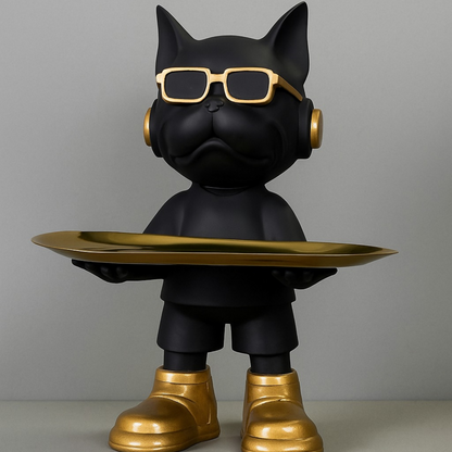 Luxury Black & Gold Bulldog Butler Figurine with Tray – Modern Resin Dog Showpiece with Sunglasses & Headphones – Stylish Decorative Tray Stand for Keys, Coins & Snacks – Funky Home & Office Décor Gift Item