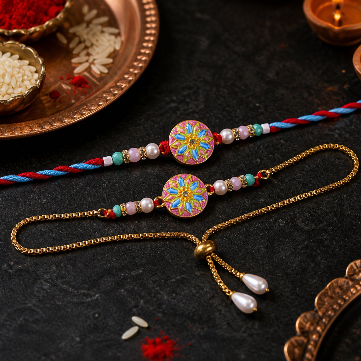 Starburst Meenakari Bhai Bhabhi Lumba Rakhi with Pearl Tassels