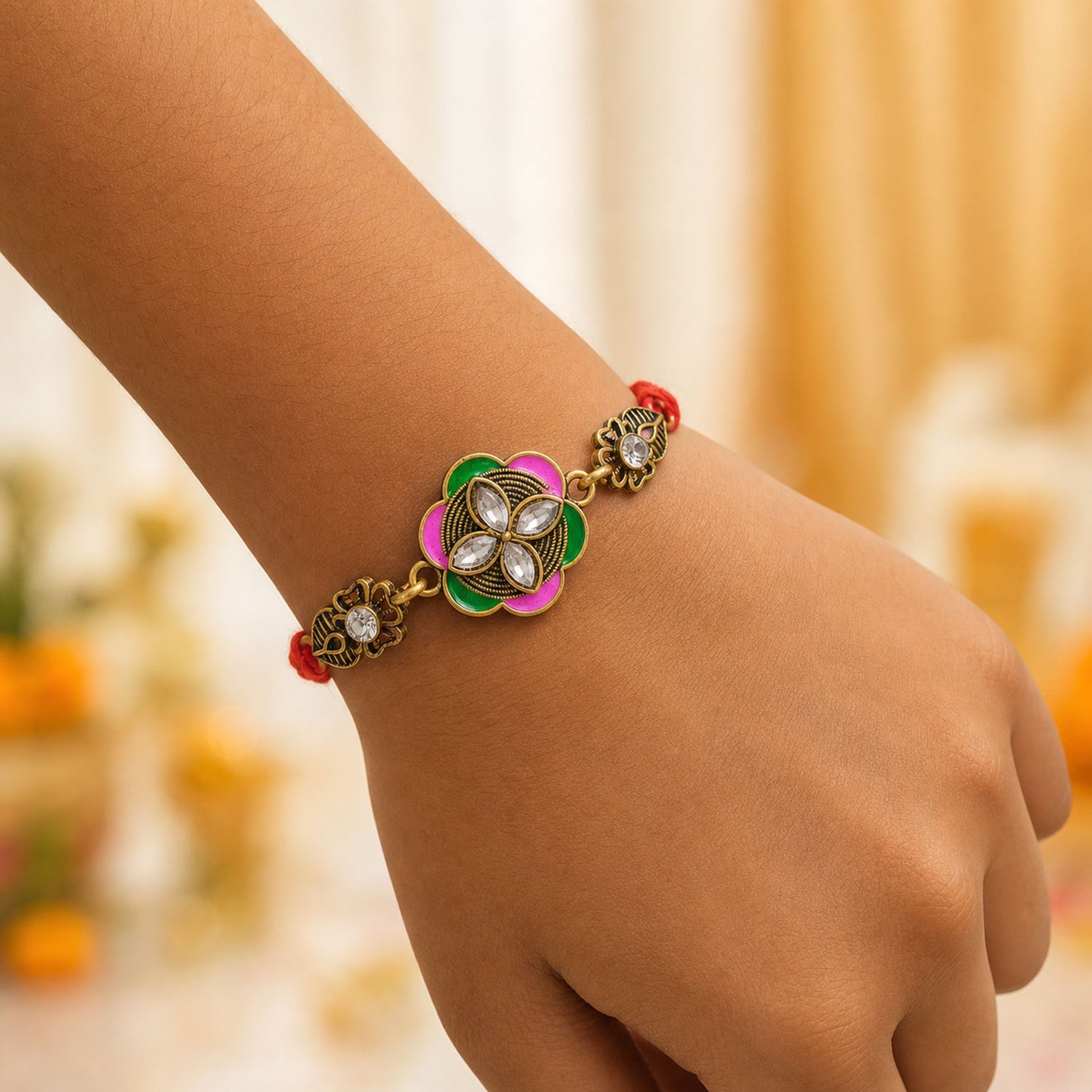 Ornate Rakhi with Floral Medallion, multicolor stones and chain look for Gifting