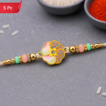 Rakhi for Brother Golden Floral Meenakari with Crystal Beads (5pcs)