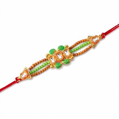Traditional Triple Kundan & Green Leaf Motif Rakhi with Wooden & Green Beaded Strand