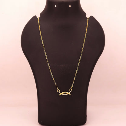 Delicate gold chain necklace with a fish-shaped marquise pendant and CZ stones