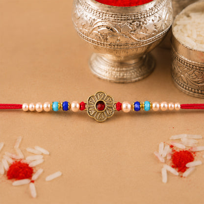 Antique Floral Medallion Designer Rakhi for Brother with Pearl & Beads