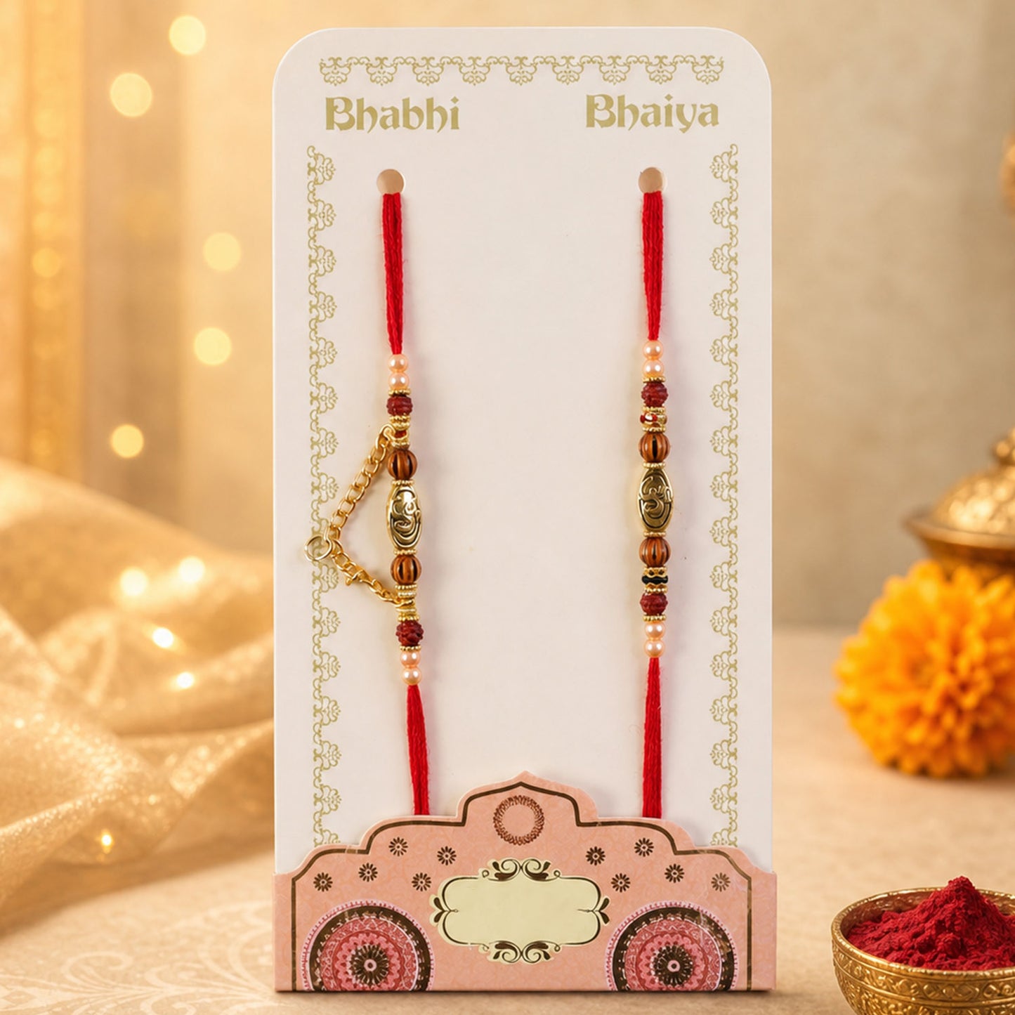 Om Design Couple Rakhi Set with Rudraksha Pearl Beads and Red Thread for Bhai Bhabhi