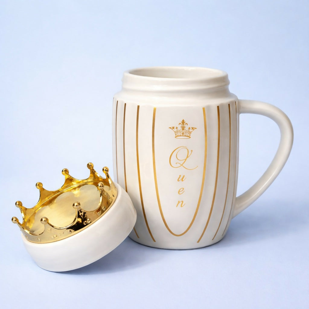 Royal Crown Lid Coffee Mug with Queen Design Ceramic Cup